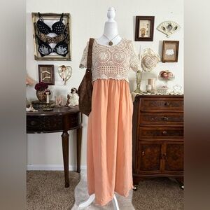 90's whimsical boho maxi length coral babydoll dress w crochet